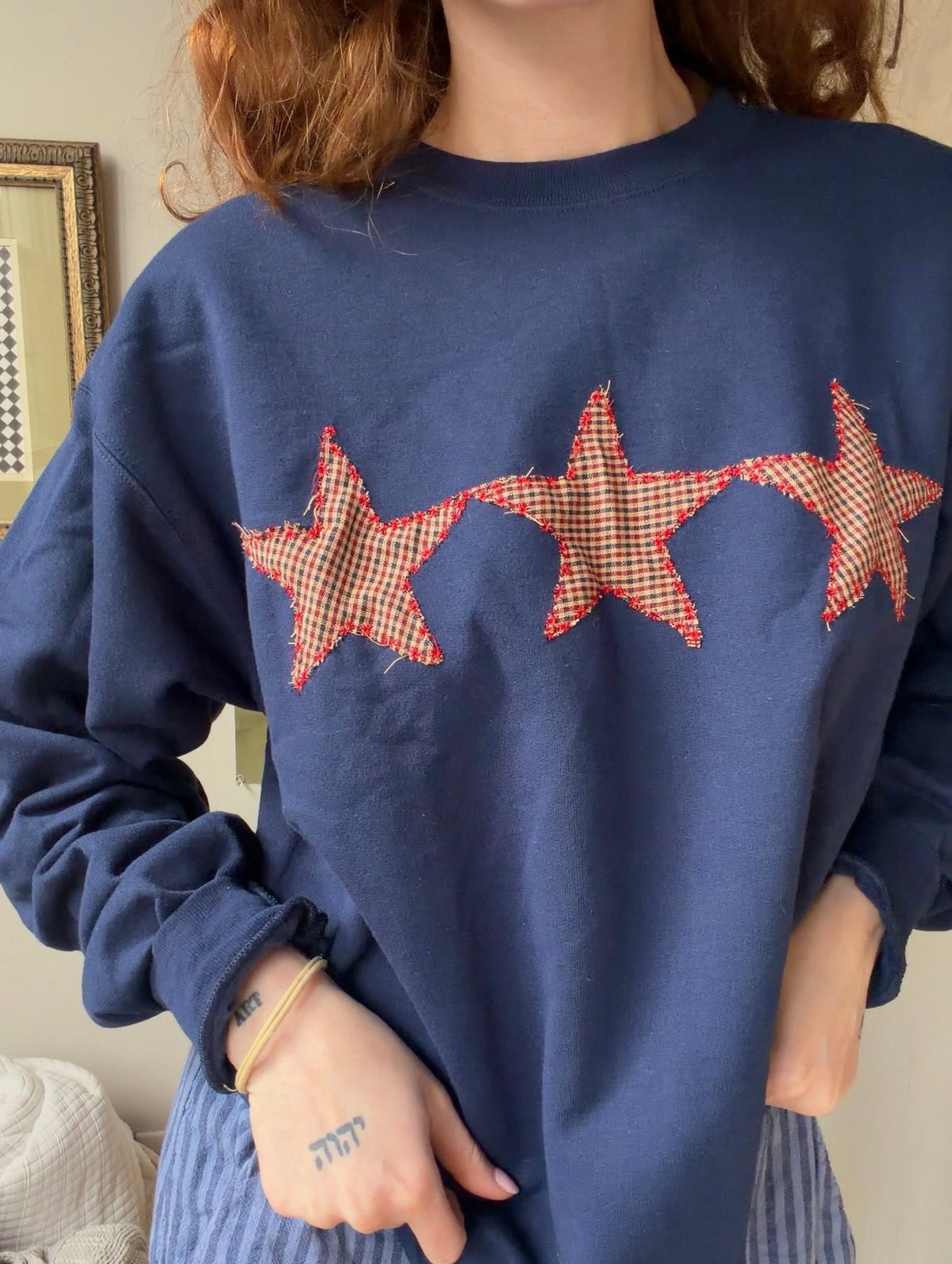 Hand-Stitched Patchwork Crewneck Sweatshirt | Gingham Star